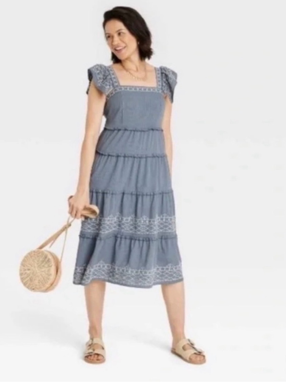 Knox Rose Blue Embroidered Tiered Midi Dress